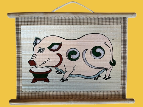 Tranh Đông Hồ Lợn Độc Bên Máng Thức Ăn 45cm x 32cm