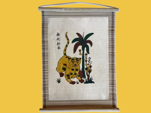 Tranh Đông Hồ Mèo Bên Cây Cau Dán Mành 35cm x 45cm