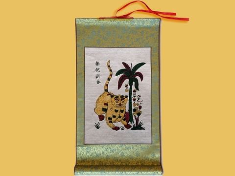 Tranh Đông Hồ Mèo Bên Cây Cau Bồi Lụa 30cm x 55cm