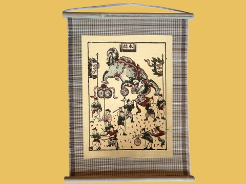 Tranh Đông Hồ Múa Lân Dán Mành 35cm x 45cm
