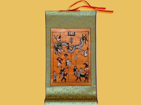 Tranh Đông Hồ Múa Rồng Bồi Lụa 30cm x 55cm