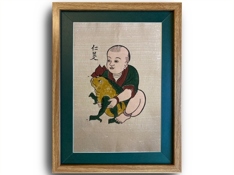 Tranh Đông Hồ Nhân Nghĩa - Em Bé Ôm Cóc Khung Kính 30cm x 40cm