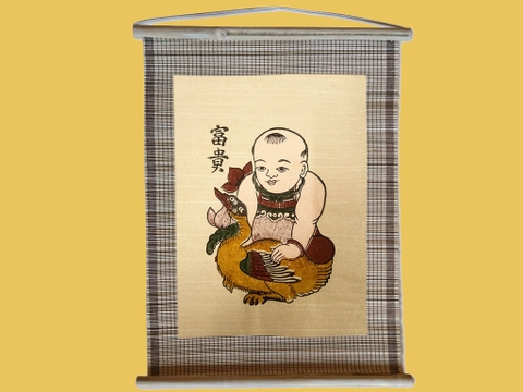 Tranh Đông Hồ Phú Quý Em Bé Ôm Vịt Dán Mành 35cm x 45cm