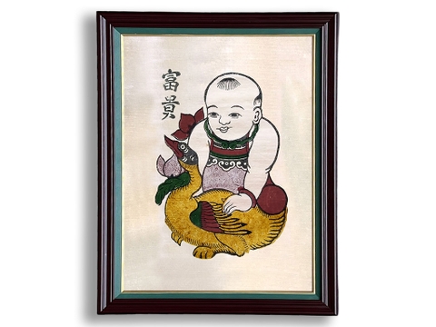 Tranh Đông Hồ Phú Quý - Em Bé Ôm Vịt khung kính 45cm x 60cm
