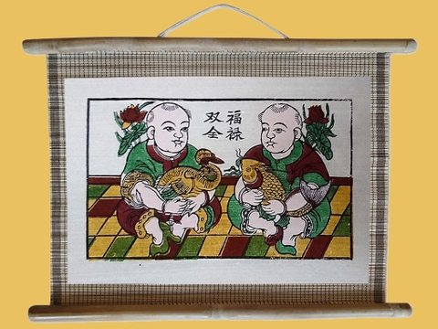 Tranh Đông Hồ Phúc Lộc Song Toàn Dán Mành 45cm x 32cm