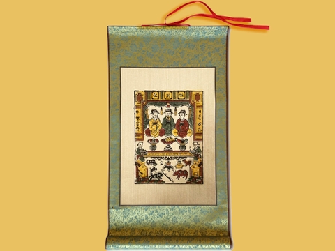 Tranh Đông Hồ Táo Quân Bồi Lụa 30cm x 55cm