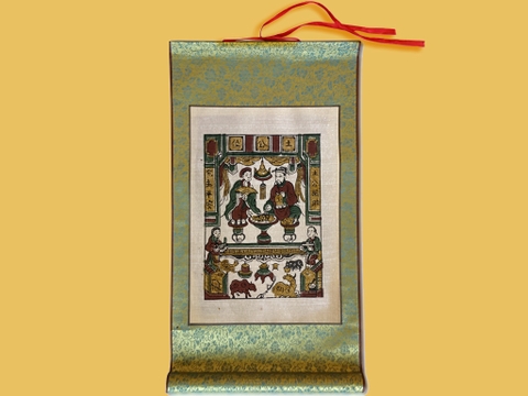 Tranh Đông Hồ Thổ Công Vị Bồi Lụa 30cm x 55cm