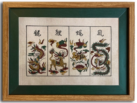 Tranh Đông Hồ Tứ Linh Khung Kính 40cmx 30cm
