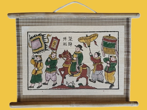 Tranh Đông Hồ Vinh Quy Bái Tổ Dán Mành 45cm x 32cm