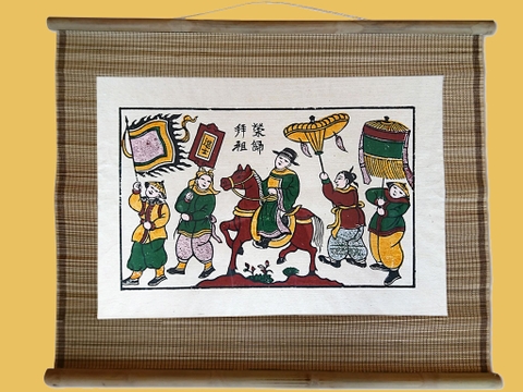 Tranh Đông Hồ Vinh Quy Bái Tổ Dán Mành 60cm x 50cm