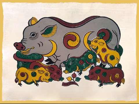 Tranh Giấy Đông Hồ Đàn Lợn Âm Dương 52cm x 37cm