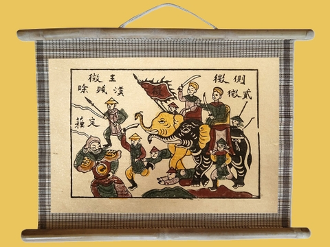 Tranh Đông Hồ Hai Bà Trưng Đánh Giặc Dán Mành 45cm x 32cm