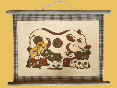 Tranh Đông Hồ Lợn Đàn Dán Mành 45cm x 35cm
