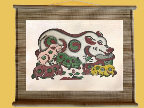 Tranh Đông Hồ Lợn Đàn Dán Mành 60cm x 50cm