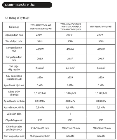 Máy nước nóng trực tiếp Toshiba 4500W TWH-45EMCPVN(S)-CB [ có bơm ]