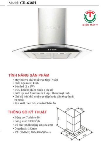 Máy Hút Mùi Hiện Đại Kính Cong Capri CR-638H