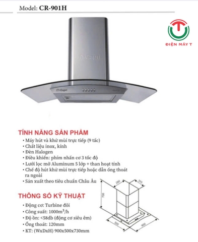 Máy Hút Mùi Hiện Đại Kính Cong Capri CR-901H