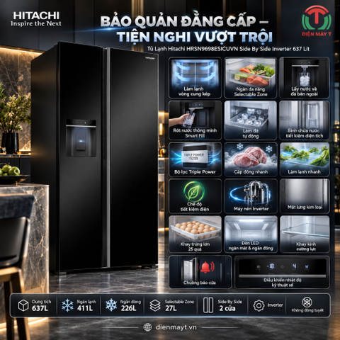 Tủ Lạnh Hitachi HRSN9698ESICUVN Side By Side Inverter 637 Lít
