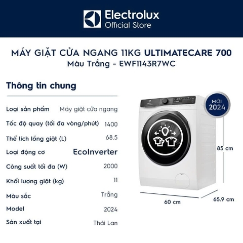Máy giặt Electrolux UltimateCare 700 Inverter 11 kg EWF1143R7WC [Mới 2024]