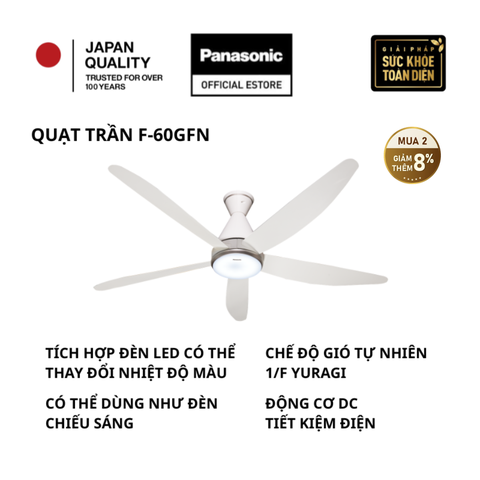 Quạt trần 5 cánh Panasonic F-60GFN (động cơ DC, màu trắng, đèn LED, remote)