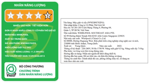 Máy giặt sấy Whirlpool Inverter 9.5 kg WWEB95702FG