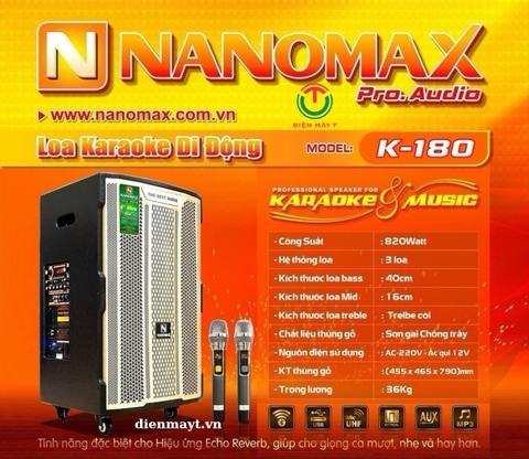 Loa Kéo Nanomax K-180 Bass 40cm 820w Karaoke Bluetooth