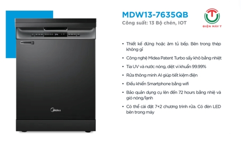 Máy rửa bát Midea MDW13-7635QB, 13 bộ, sấy UV, 9 chương trình