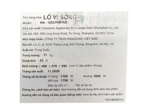 Lò vi sóng có nướng inverter Panasonic NN-GD37HBYUE 23 lít