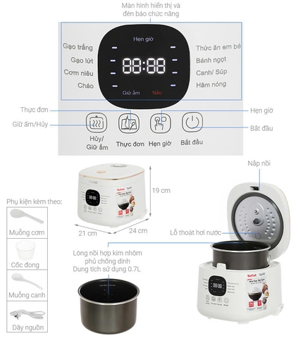 Nồi cơm điện tử Tefal Rice Mate Mini 0.7L RK515168 _ Hàng chính hãng