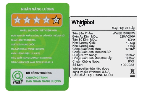 Máy giặt sấy Whirlpool Inverter 10.5 kg WWEB10702FW