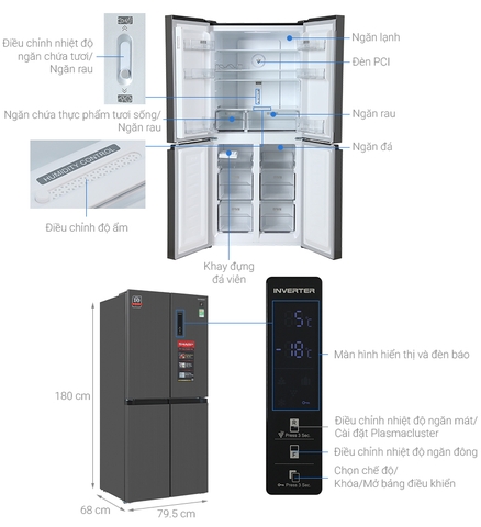 Tủ lạnh Sharp Inverter Multi Door 421 lít SJ-FXP510VG-BK