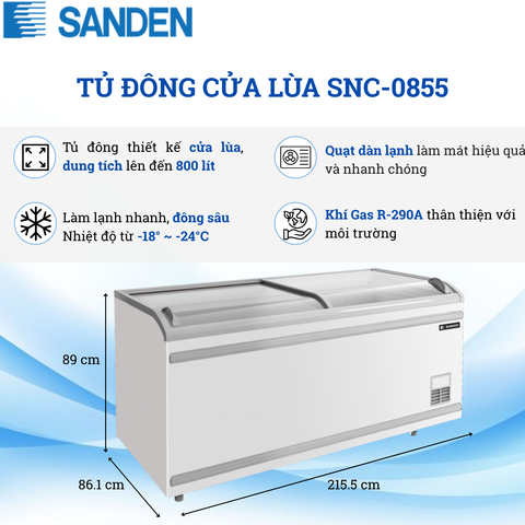 Tủ Đông Lớn Cửa Lùa Kính CongSanden 800 Lít SNC-0855