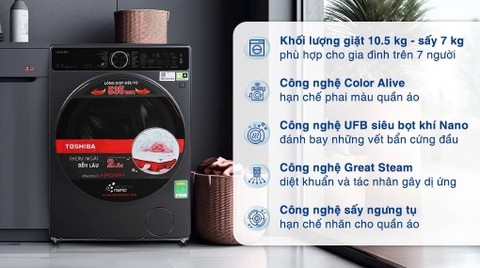 Máy giặt sấy Toshiba Inverter TWD-T25BZU115MWV(MG) - Giặt 10.5 kg - Sấy 7 kg