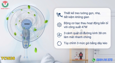 Quạt treo tường Senko 47W 3 cánh TC1626