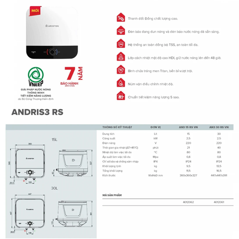 Máy Nước Nóng Ariston Andris3 An3 RS 15 Lít Gián Tiếp