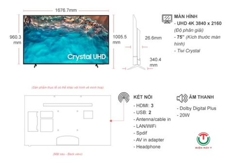 Smart Tivi Samsung 4K Crystal UHD 75 inch UA75BU8000
