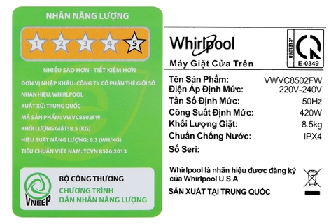 Máy giặt Whirlpool 8.5 kg VWVC8502FW