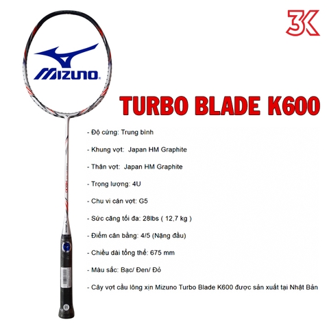 Vợt cầu lông Mizuno Turbo Blade K600 1 Khung vợt 1 Túi [Chính hãng] [Ảnh thật] [Có bảo hành 3T] [Có sẵn]