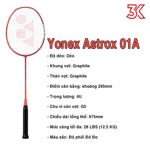 Vợt cầu lông Yonex Astrox 01A New 2022 1 Khung vợt 1 Túi [Chính hãng] [Ảnh thật] [BH 3 Tháng] [Có sẵn]
