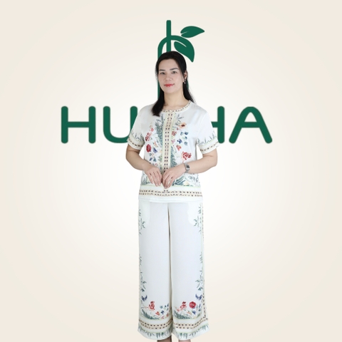 (Mẫu M11) - Đồ trung niên nữ HUY HÀ , lụa tơ tầm - quần dài ống rộng , tay ngắn