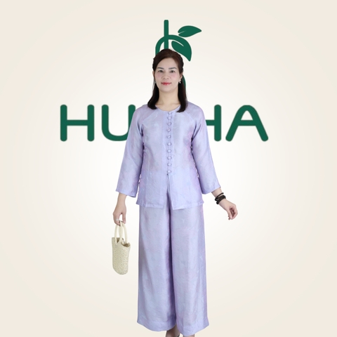 Pháp Phục Khiết Hoa | Đồ Lam Đi Chùa Lụa Nha Xá Nút Tay Dài | Áo Cổ Tròn & Quần Ống Rộng Thanh Lịch LT20 | HUY HÀ