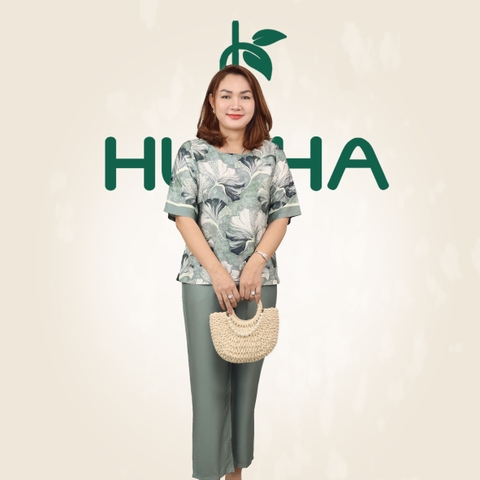 (Mẫu HA32) - Đồ trung niên nữ HUY HÀ, chất vải lụa tơ tằm, áo cổ tròn quần 9 tấc
