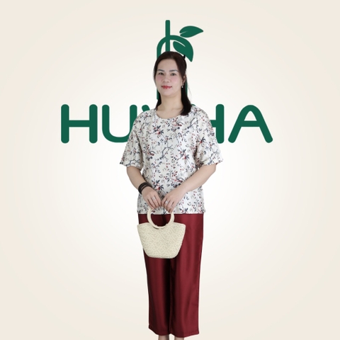 (Mẫu HA28) - Đồ trung niên nữ HUY HÀ, chất vải lụa tơ tằm, áo cổ tròn quần 9 tấc