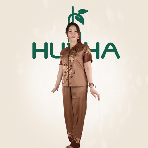 (Mẫu B60) Pijama nữ trung niên , thương hiệu HUY HÀ , chất vải lụa tơ tăm
