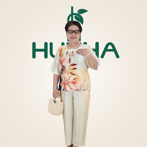 (Mã E214) Đồ bộ trung niên HUY HÀ , chất vải lụa tơ tằm , áo cổ tròn ngắn tay , quần 9 tấc