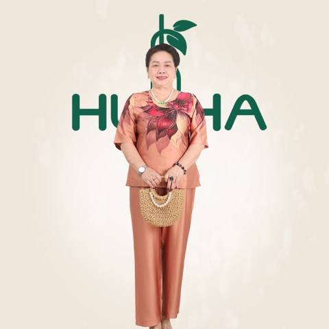 (Mã E258) - Đồ trung niên nữ HUY HÀ, chất vải lụa tơ tằm, áo cổ tròn quần 9 tấc