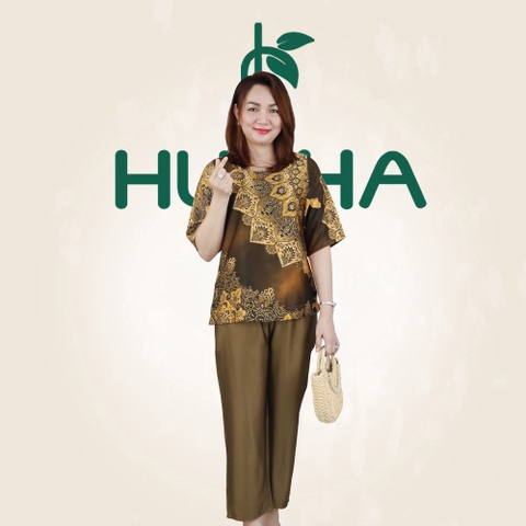 (Mẫu E262) - Đồ trung niên nữ HUY HÀ, chất vải lụa tơ tằm, áo cổ tròn quần 9 tấc