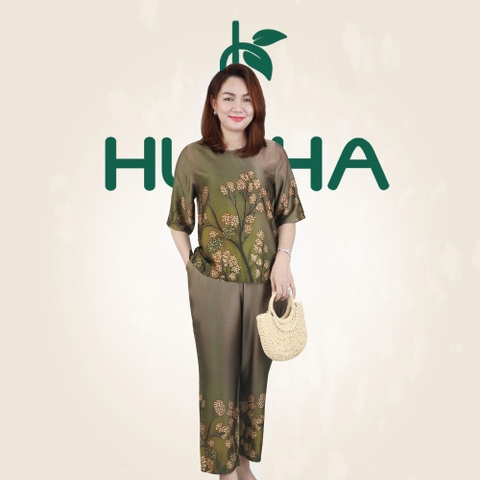 (Mẫu E264) - Đồ trung niên nữ HUY HÀ, chất vải lụa tơ tằm, áo cổ tròn quần 9 tất