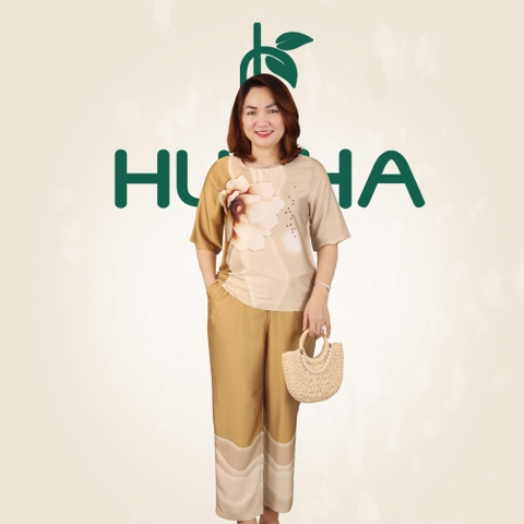 (Mẫu HA18) - Đồ trung niên nữ HUY HÀ, chất vải lụa tơ tằm, áo cổ tròn quần 9 tấc