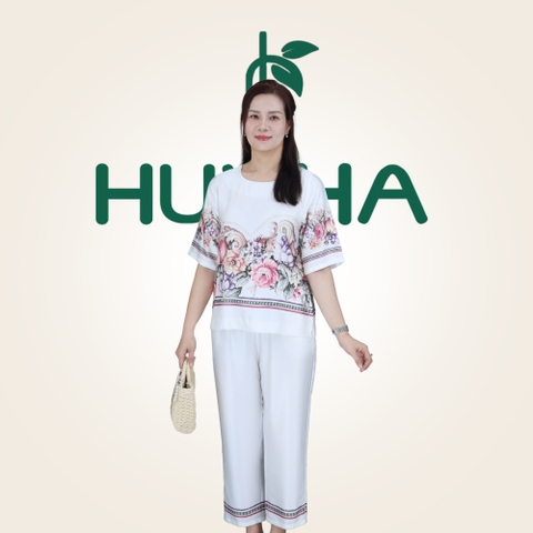(Mẫu HA24) - Đồ trung niên nữ HUY HÀ, chất vải lụa tơ tằm, áo cổ tròn quần 9 tấc